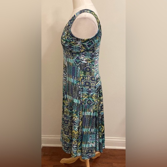 Creation Blue Turquoise Green Aztec Tribal Print Sleeveless Swing Midi Dress S - Picture 6 of 12